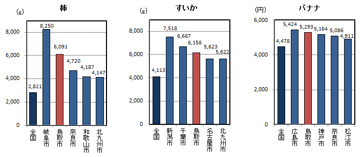 品目別1世帯当たり年間購入量（平成25～27年平均）の全国平均・都道府県県庁所在地上位5位の図（その9）