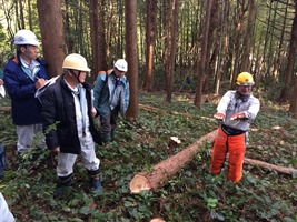 班長（右）による伐倒の説明