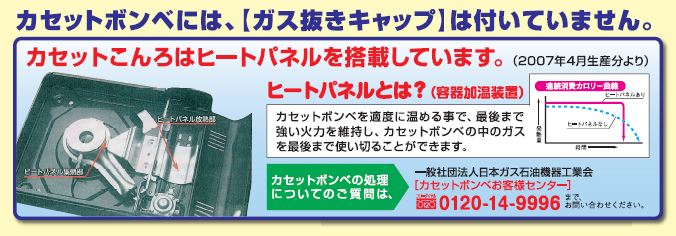 2007年4月以降に製造されたカセットコンロには、ヒートパネル搭載されており、通常の使用で最後まで出し切れるようになっています。