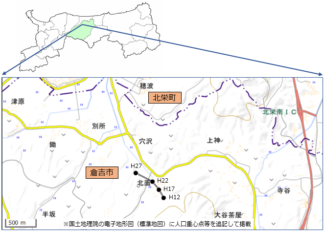 図「鳥取県の人口重心の推移：2000～2015年」