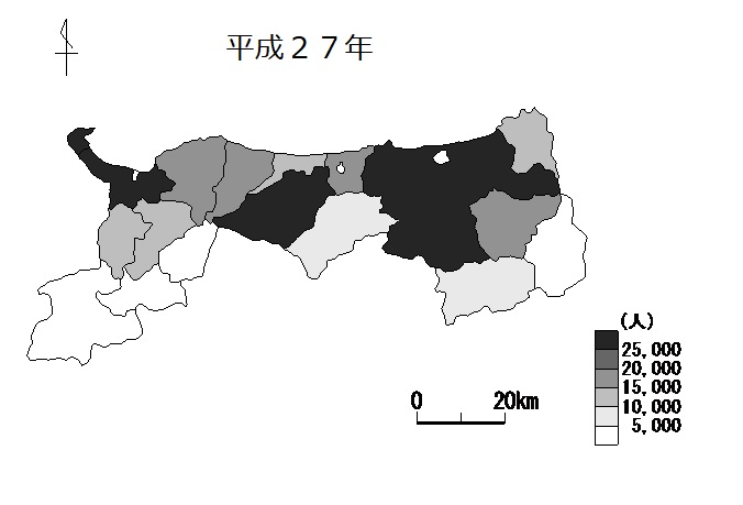 市町村を人口別で色分けした図（平成27年）