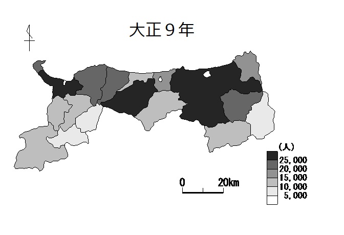 市町村を人口別で色分けした図（大正９年）