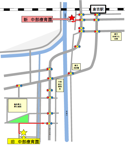 旧の位置から、移転後の位置への地図 倉吉市上井に移転。