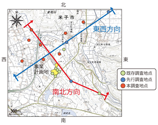 事業計画地周辺の調査地点を記した地図