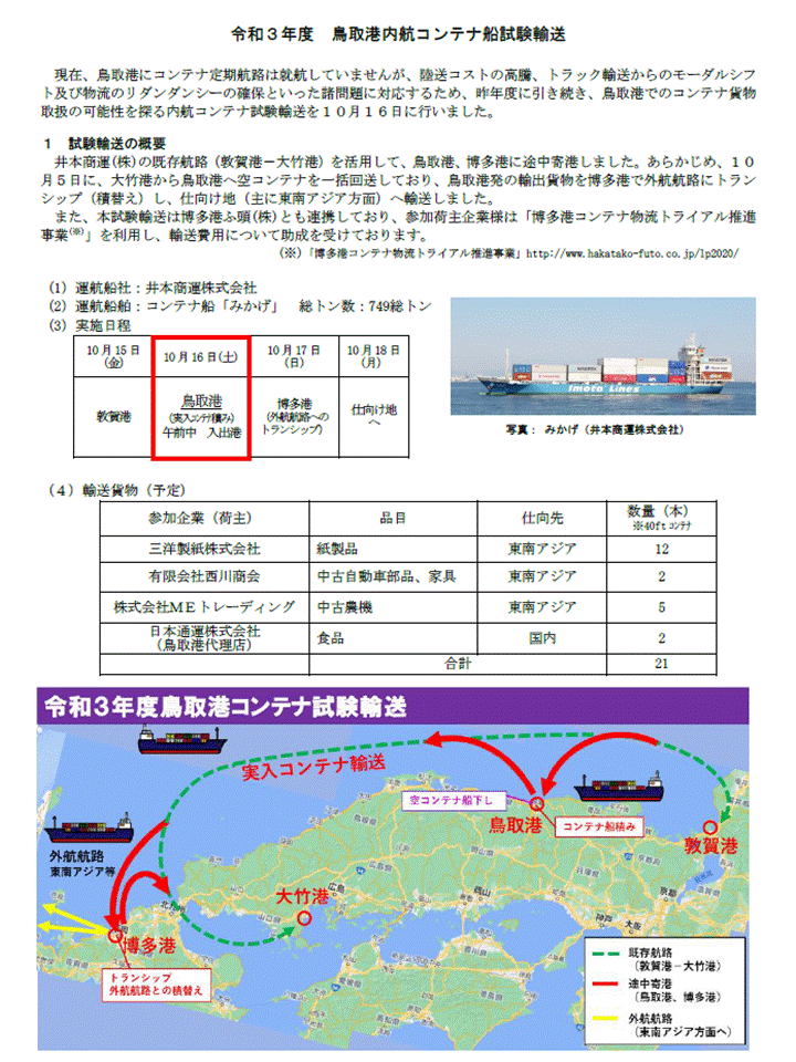 令和３年度　鳥取港試験輸送　概要