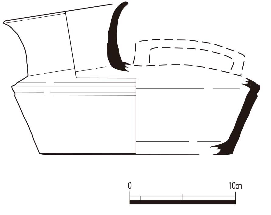 破片から元の形を復元して描いた図です。取っ手の部分は、破片が出土していないので、破線で描かれています。