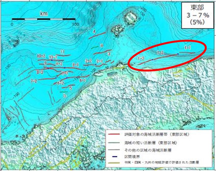 東部区域の活断層位置図（地震調査研究推進本部資料より）