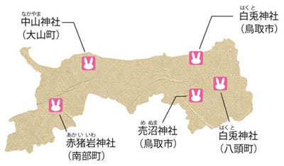 県内のうさぎにまつわる言い伝えが残る寺社の図