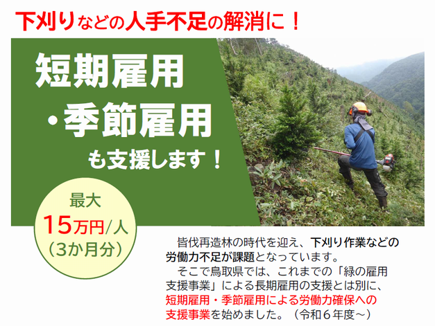 皆伐再造林の時代を迎え、下刈り作業などの労働力不足が課題となっています。 そこで鳥取県では、これまでの「緑の雇用支援事業」による長期雇用の支援とは別に、短期雇用・季節雇用による労働力確保への支援事業を始めました。(令和6年度~)