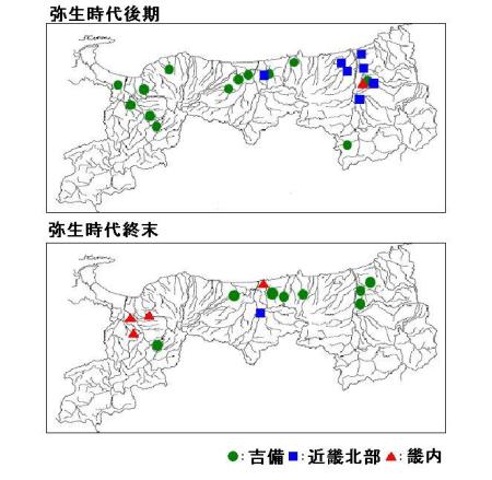 鳥取県における他地域の土器の分布状況の図
