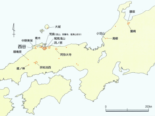 四隅突出型墳丘墓の分布の図