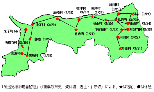 巡検使の休憩、宿泊予定ルートの図