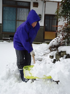 スコップで雪かきする様子