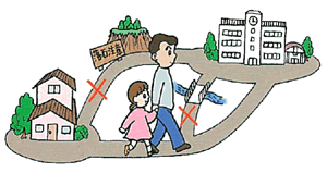 安全な避難ルートで避難する親子のイラスト